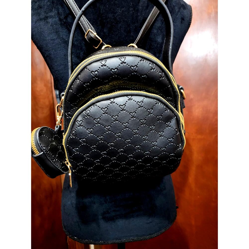 Mini Backpack Black Heart Pattern W/ Matching Hea… - image 3